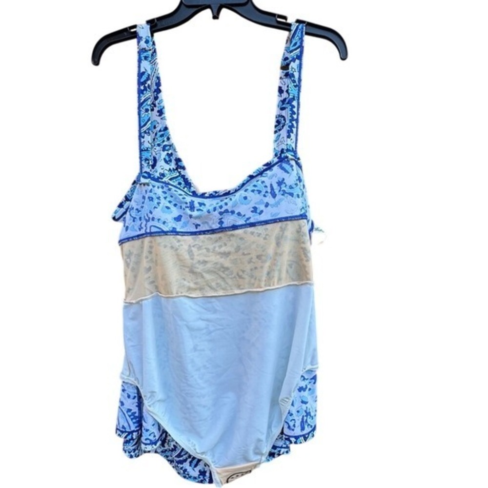 ALISHA LEVINE. NWT.  Blue/ White  Swimsuit. Sz 22W. Ruching in front, flowy hem. - Picture 6 of 10